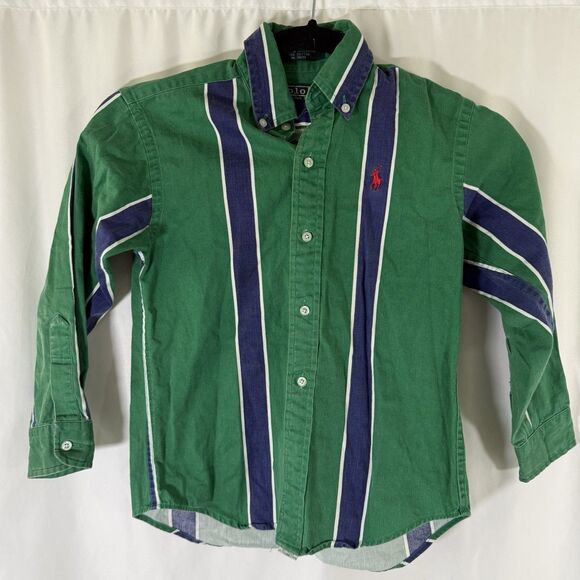 Polo Ralph Lauren Shirt Boys 7 Blue Green Striped Long Sleeve 100% Cotton - Picture 1 of 10